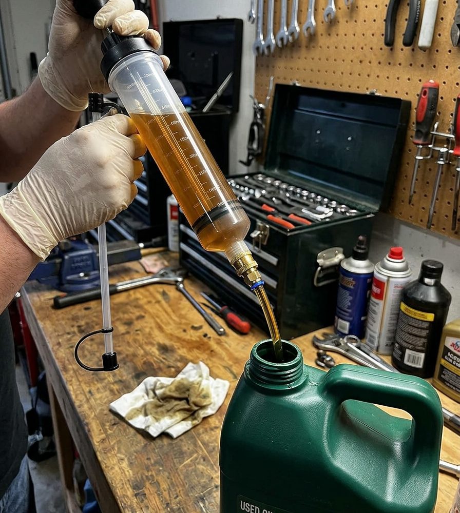 Pouring used oil out of the sealed chamber